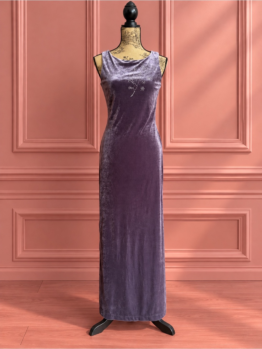 Vintage Purple Gray Velvet Maxi Dress with Open Back